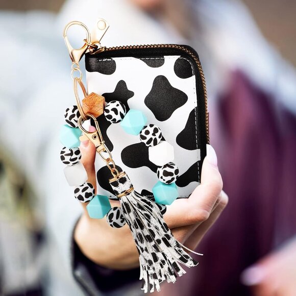 Cow Print Card Wallet with Keychain Set Fashionable PU Leather Women - Picture 8 of 9